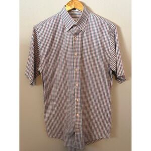 Peter Millar Button Down Shirt Mens Medium Pink Blue Plaid Short Sleeve Casual
